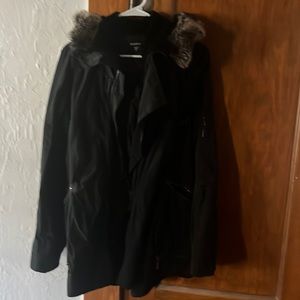 BEBE outerwear!  Black barn-coat length with hood.